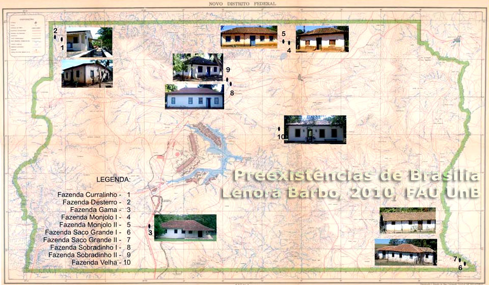 Localização das 10 antigas casas de fazendas seculares, documentadas pela autora, sobre o mapa do Novo Distrito Federal (IBGE, 1960)
