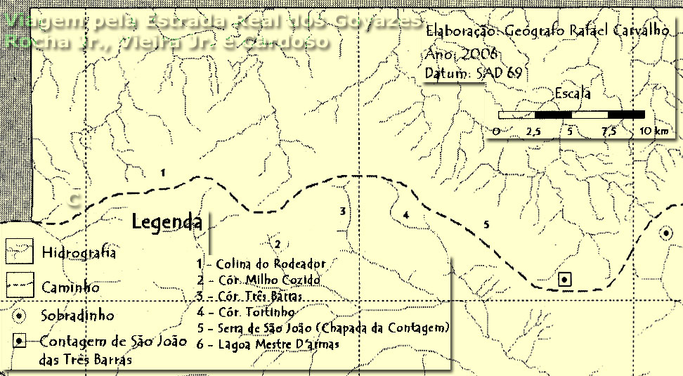 Mapa do trecho final da Estrada Real dos Goiases no atual Distrito Federal, pelo geógrafo Rafael Carvalho C. Cardoso