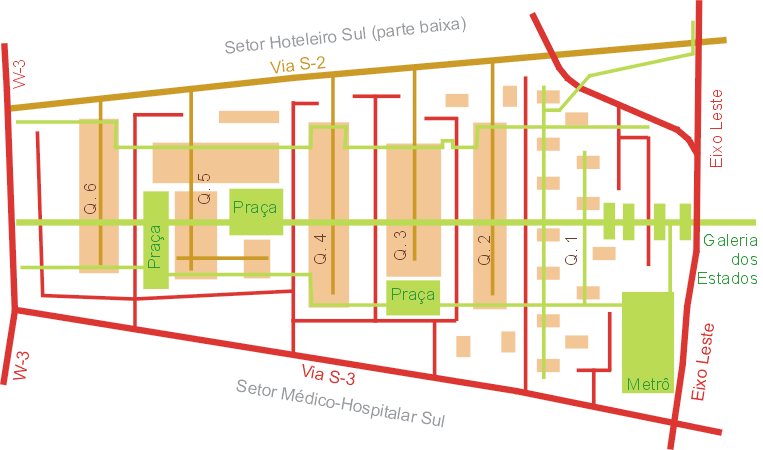 Mapa esquemático do Setor Comercial Sul, com as vias e calçadas para pedestres