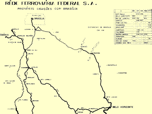 Mapa do traçado das ferrovias projetadas para Brasília, segundo a Novacap