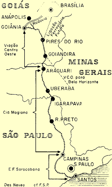Mapa da ligação ferroviária de Santos (SP) até Brasília em 1967