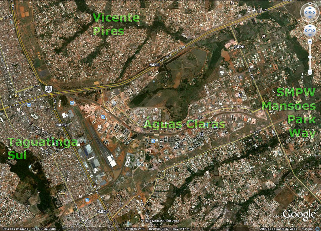 Imagem de satélite com a localização de Águas Claras e áreas próximas