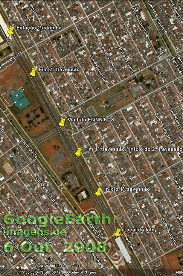 Imagem de satélite do trecho Ceilândia Sul - Guariroba do Metrô de Brasília, com a localização dos desvios para manobra de retorno dos trens