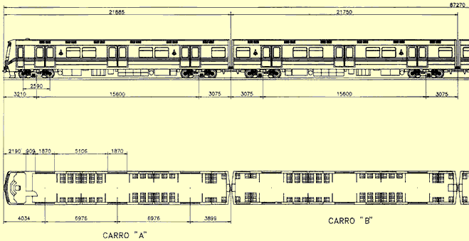 Desenho e medidas dos trens do Metrô DF