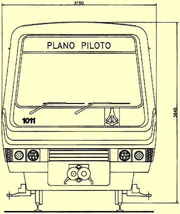 Desenho frontal dos trens do Metrô DF e suas medidas
