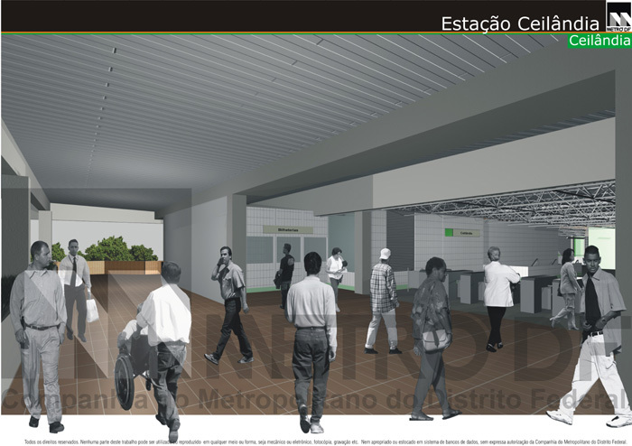 Maquete virtual da área das bilheterias e roletas de bloqueio da Estação Ceilândia do Metrô DF, divulgada antes de sua conclusão e inauguração