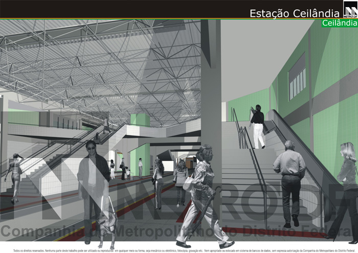 Maquete virtual da plataforma lateral da Estação Ceilândia do Metrô DF, divulgada antes de sua conclusão e inauguração