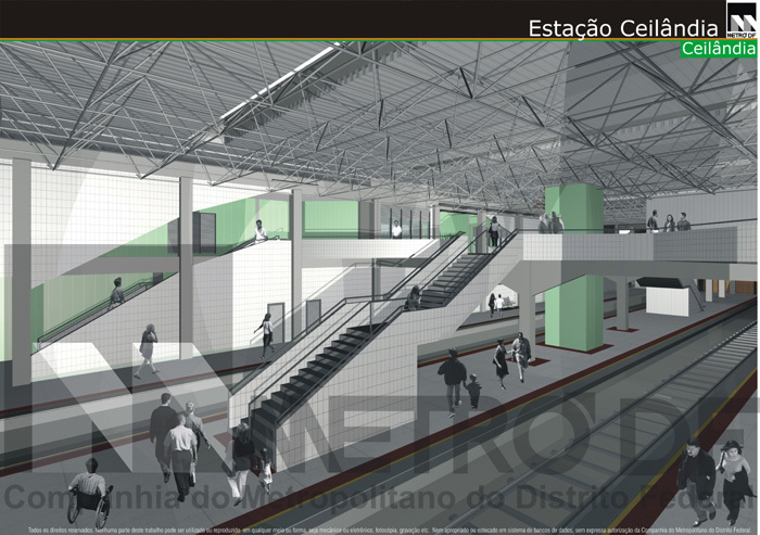Maquete virtual da plataforma central da Estação Ceilândia do Metrô DF, divulgada antes de sua conclusão e inauguração