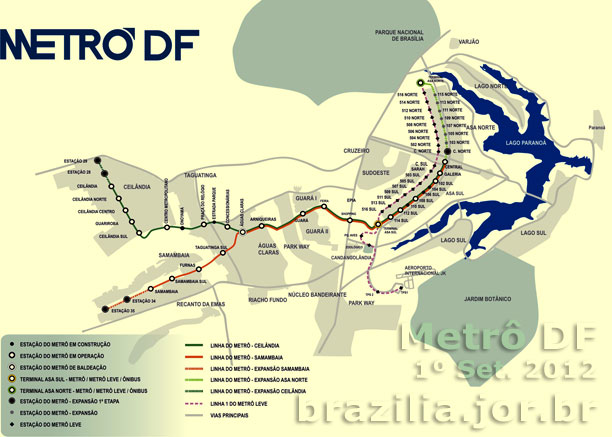 Mapa dos trilhos do Metrô de Brasília