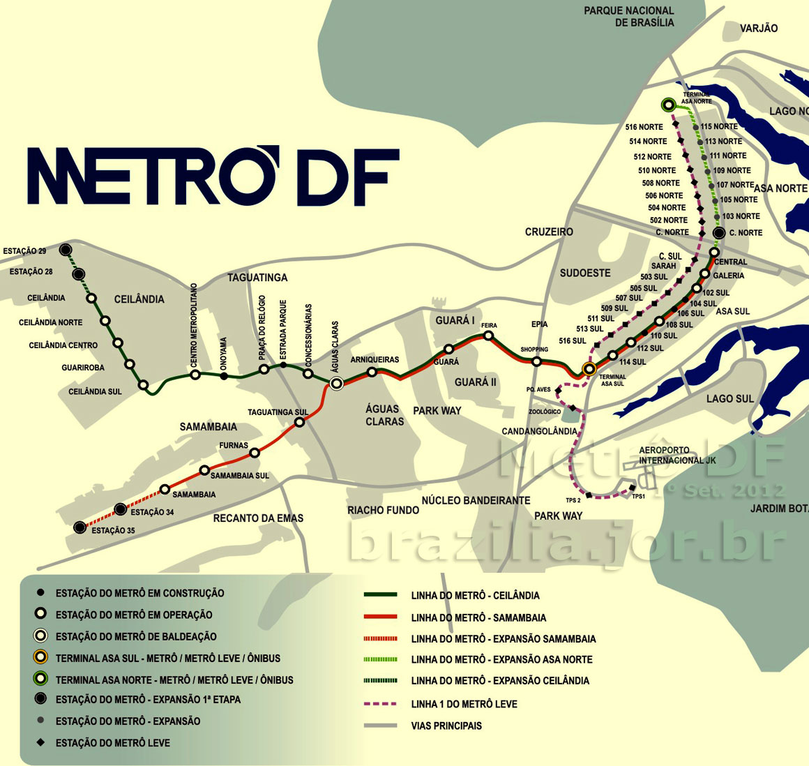 Mapa dos trilhos e estações do Metrô de Brasília, expansão planejada e percursos previstos para o VLT - Veículo Leve sobre Trilhos