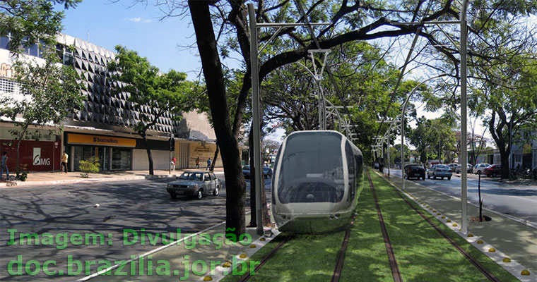 Maquete virtual dos trens do VLT no canteiro central da Avenida W3