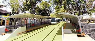 Maquete virtual de outro tipo de parada, com os trens no centro e as plataformas dos dois lados