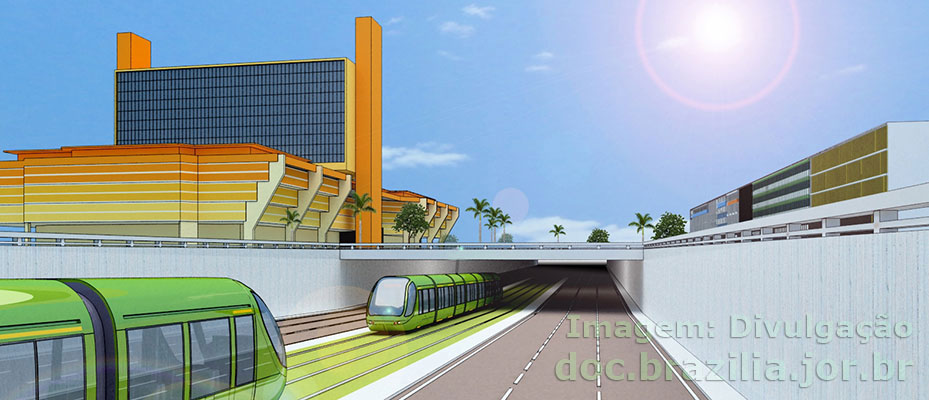 Maquete virtual da praça, com os trens do Veículo Leve sobre Trilhos passando em nível inferior
