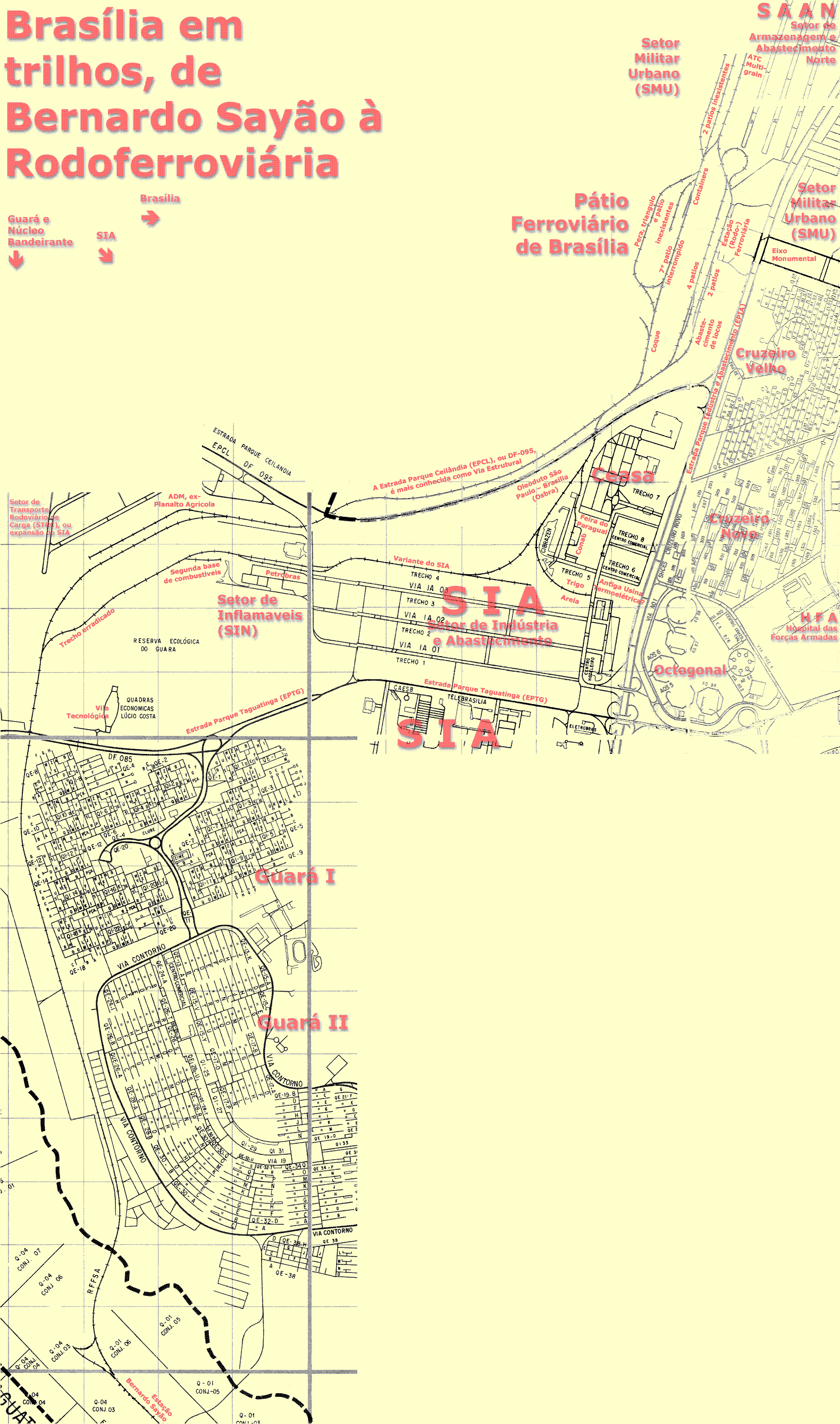 Mapa ampliado dos trilhos do p&aacute;tio ferrovi&aacute;rio de Bras&iacute;lia