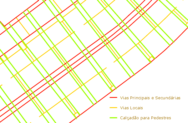 Mapa das calçadas leste-oeste da Asa Sul, em relação às ruas comerciais e de acesso