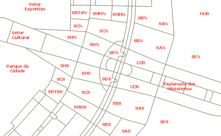 Mapa de localização dos setores na área central de Brasília