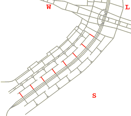Mapa de localização das ruas de comércio das quadras 100, a oeste do Eixo Rodoviário, na Asa Sul de Brasília