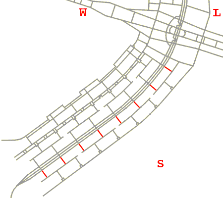 Mapa de localização das ruas de comércio local das Quadras SQS 200, a leste do Eixo Rodoviário, na Asa Sul de Brasília