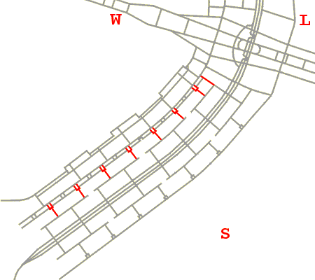 Mapa de localização das ruas de comércio local das Quadras 300 da Asa Sul de Brasília