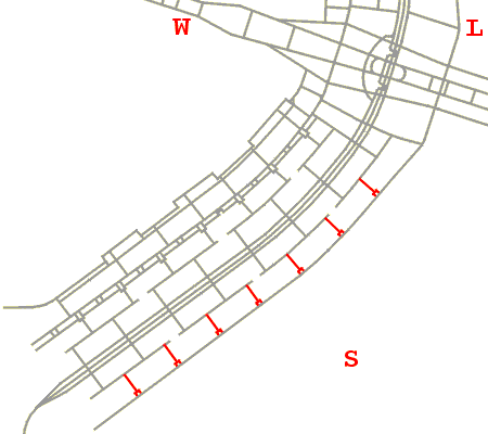 Mapa de localização das ruas de comércio local das quadras 400 da Asa Sul de Brasília, junto à Avenida L2