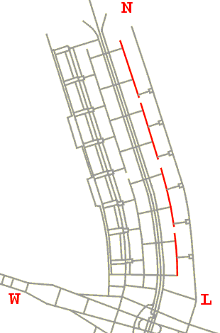 Mapa de localização da via L1  e suas interrupções ao longo das quadras 200 e 400 da Asa Norte
