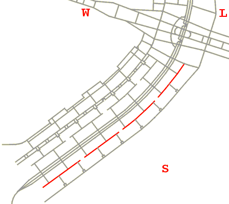 Mapa de localização da via L1 e suas interrupções, ao longo das quadras residenciais 200 e 400 da Asa Sul