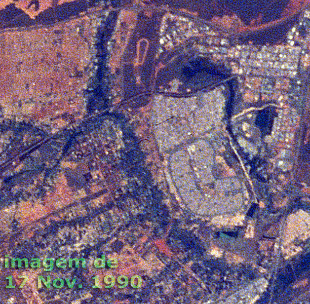 Imagem de satélite com o percurso dos trilhos bem marcado em vermelho (barro) desde a estação ferroviária Bernardo Sayão (embaixo) e a ocupação do solo na Colônia Agrícola Águas Claras em fins de 1990