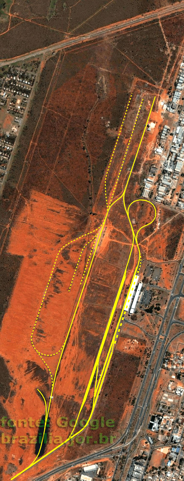 Vista de satélite da distribuição dos trilhos do pátio ferroviário na esplanada da estação de trem
