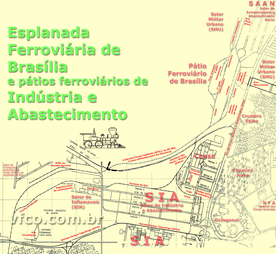 Mapa ampliado dos trilhos do pátio ferroviário de Brasília