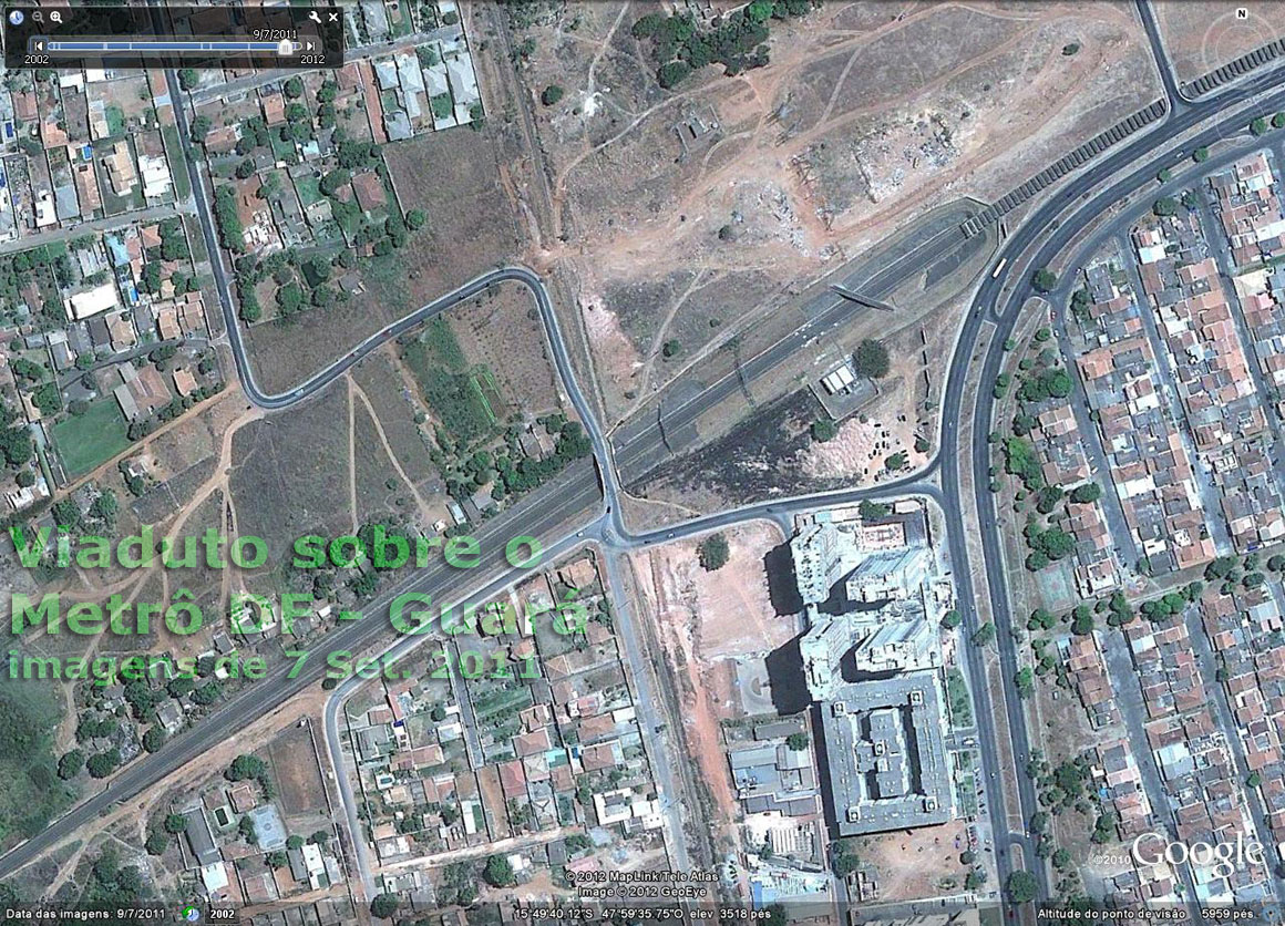 Ocupação do solo em torno do viaduto ferroviário da antiga RFFSA no Guará, em imagem de satélite de 7 Set. 2011
